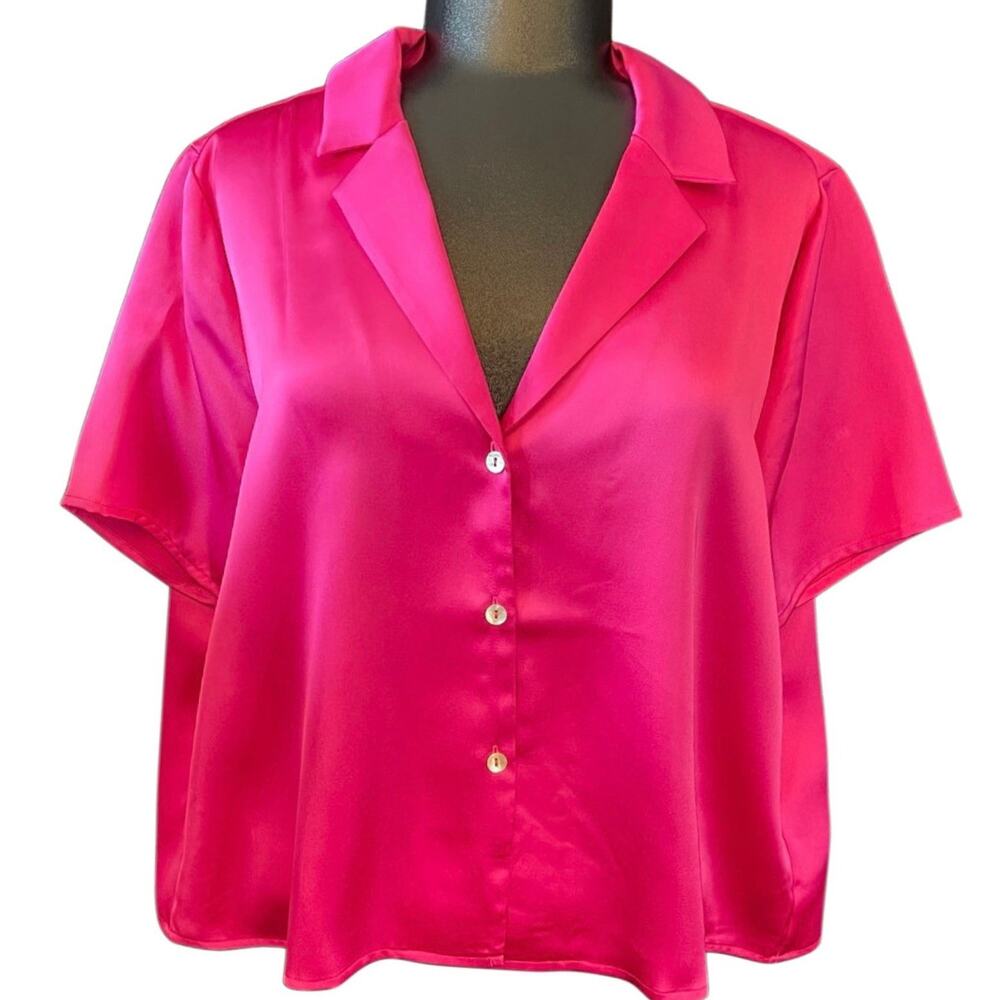 Rachel Zoe Boxy Iridescent Pink Satin Collared Button-Up Short Sleeve Blouse M